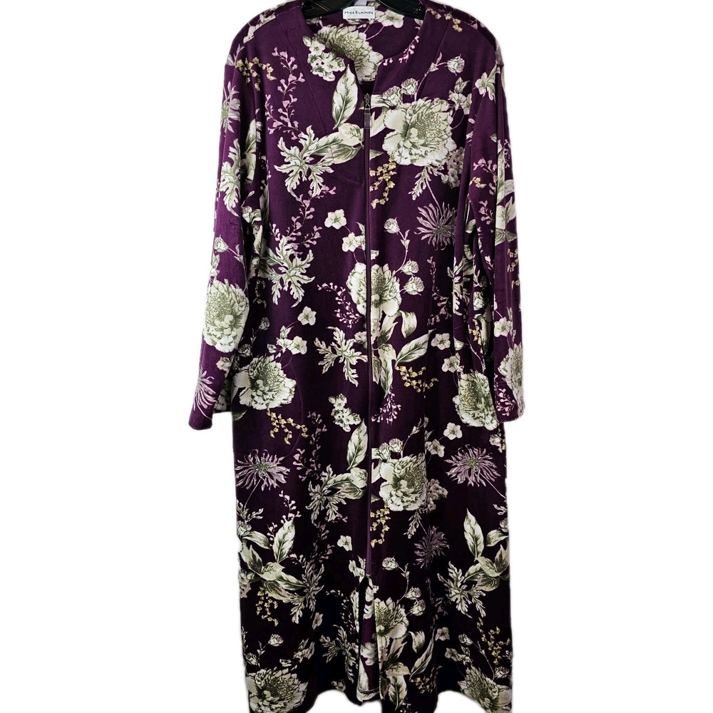 Miss Elaine Womens Cozy Soft Robe M Long Purple Floral Zip Front Housecoat LS